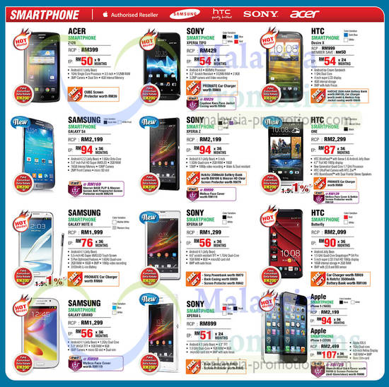 Smartphones, Acer Z120, Sony Xperia Tipo, HTC Desire X, HTC One, Xperia Z, Samsung Galaxy S 4, Galaxy Note 2, Xperia SP, HTC Butterfly