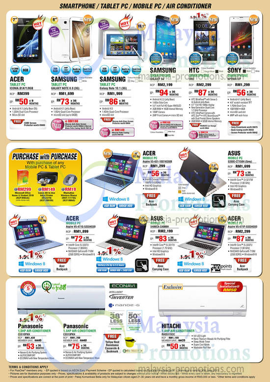 Tablet, Smartphone, Notebooks, Air Conditioners, Acer, Samsung, HTC, Sony, Asus, Panasonic, Hitachi