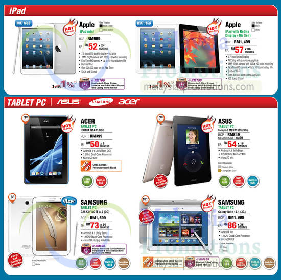 Tablets, Apple iPad Mini, Acer Iconia B1A71, Asus Fonepad ME371MG, Samsung Galaxy Note 8.0, Galaxy Note 10.1