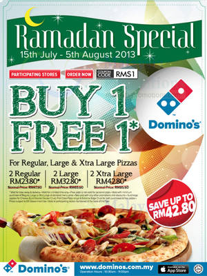 Featured image for (EXPIRED) Domino’s Pizza 1 For 1 Pizza Promotion @ Participating Stores 15 Jul – 5 Aug 2013