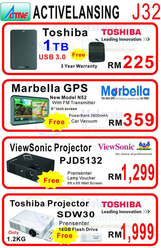 5 Jul Active Lansing Toshiba 1TB External Storage, Marbella GPS N52 Navigator, Viewsonic Projector PJD5132, Toshiba SDW30