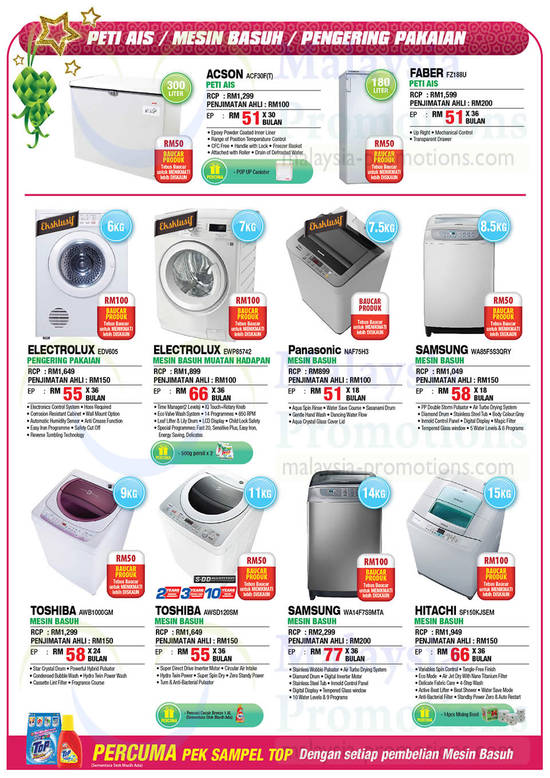 Freezers, Washers, Acson, Faber, Electrolux, Panasonic, Samsung, Toshiba, Hitachi