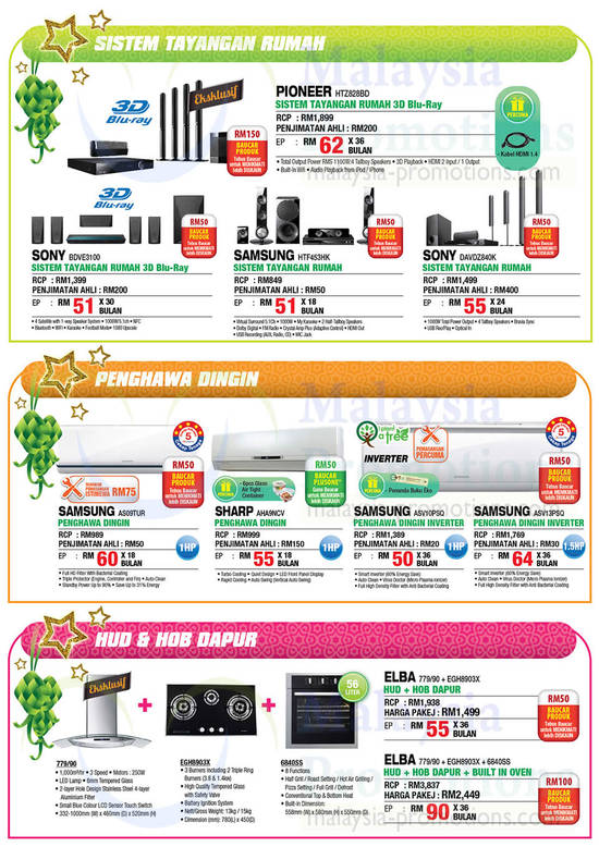 Home Theatre Systems, Air Conditioners, Pioneer, Sony, Samsung