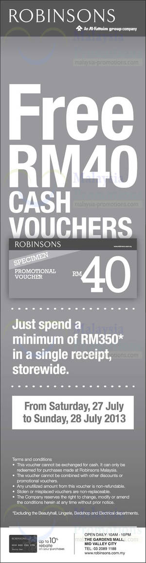 Featured image for (EXPIRED) Robinsons FREE RM40 cash Voucher With RM350 Spend 27 – 28 Jul 2013