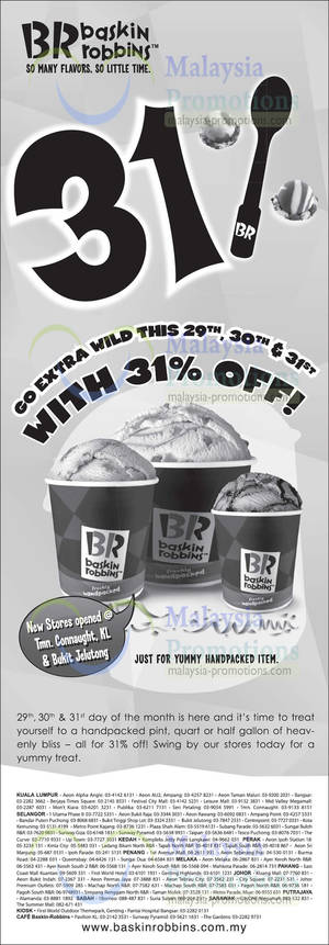 Featured image for (EXPIRED) Baskin-Robbins 31% Off ALL Ice Cream 29 – 31 Aug 2013