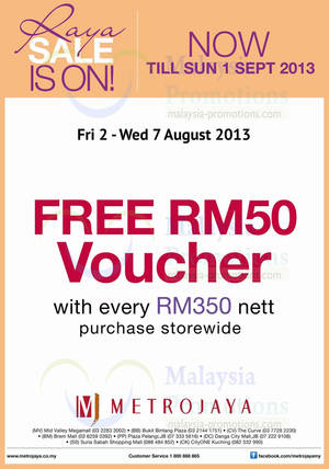 Featured image for (EXPIRED) Metrojaya FREE RM50 Voucher With RM350 Spend 2 – 7 Aug 2013