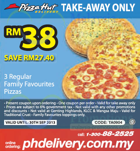 Featured image for Pizza Hut Coupons Up To RM27.40 Off (Valid For Takeaway) 26 Aug - 30 Sep 2013