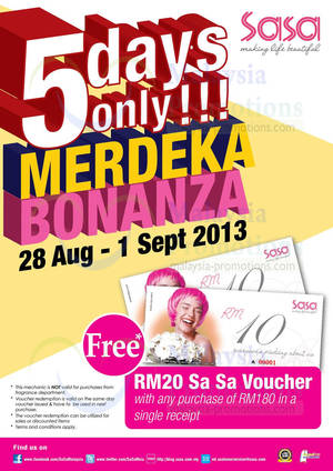 Featured image for (EXPIRED) SaSa FREE RM20 Voucher With RM180 Purchase @ Nationwide 28 Aug – 1 Sep 2013