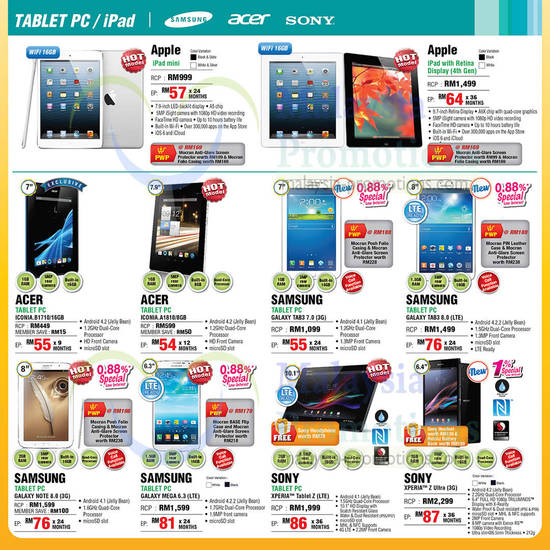 Tablets, Apple, Acer, Samsung, Sony, Apple iPad Mini, Apple iPad 4, Acer Iconia B1710