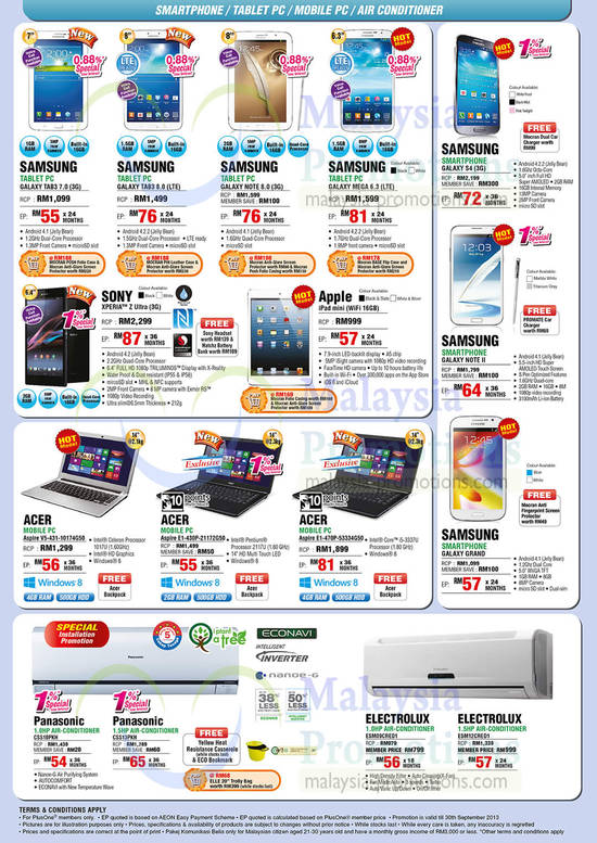 Tablets, Smartphones, Notebooks, Air Conditioners, Samsung, Sony, Apple, Acer, Panasonic, Electrolux