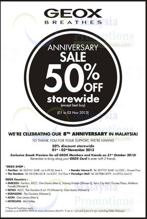 Featured image for (EXPIRED) Geox 50% Off Storewide 8th Anniversary SALE 1 – 3 Nov 2013