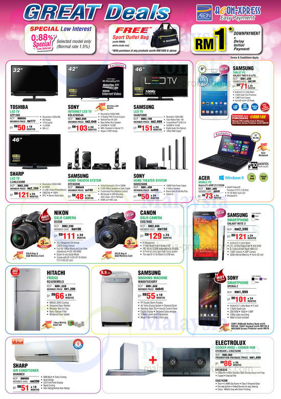 TVs, Home Theatre Systems, Notebook, Tablet, Cameras, Fridge, Washer, Smartphone, Air Conditioner