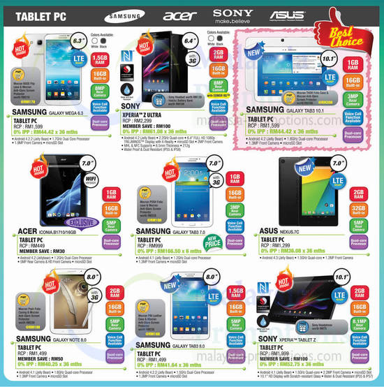 Tablets, Samsung, Sony, Acer, Asus