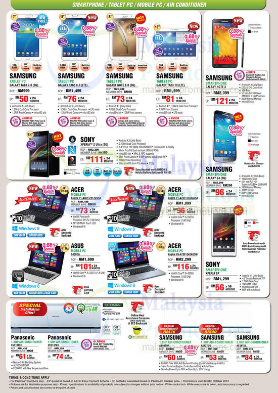 Tablets, Smartphones, Notebooks, Air Conditioners, Samsung, Sony, Acer, Asus, Panasonic