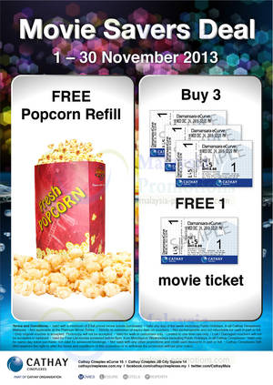 Featured image for (EXPIRED) Cathay Cineplexes Buy 3 Get 1 FREE Promo (Plus, FREE Popcorn Refill) 1 – 30 Nov 2013