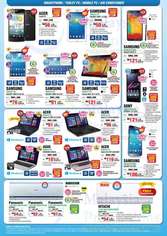 Smartphones, Tablets, Notebooks, Air Conditioners, Acer, Asus, Samsung, Sony, Panasonic, Hitachi