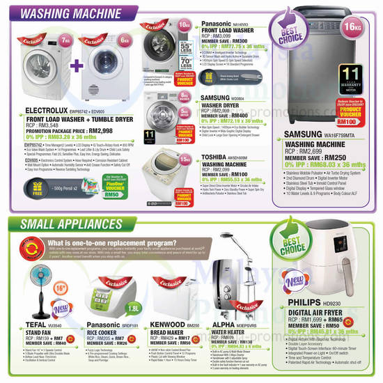 Washers, Fans, Rice Cooker, Bread Maker, Water Heater, Air Fryer, Panasonic, Samsung, Toshiba, Tefal, Kenwood, Alpha, Philips