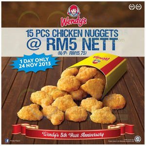 Featured image for (EXPIRED) Wendy’s RM5 For 15pcs Chicken Nuggets Promo 24 Nov 2013