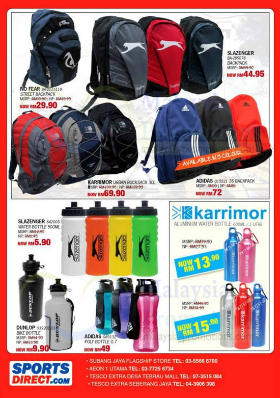 Bags, Water Bottles, No Fear, Slazenger, Karrimor, Adidas