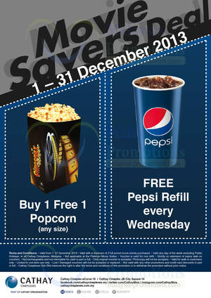 Featured image for (EXPIRED) Cathay Cineplaxes Movies Savers 1 For 1 Popcorn & FREE Pepsi Refill Promo 1 – 31 Dec 2013