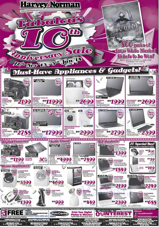 Digital Cameras, TVs, Notebooks, Desktop PCs, Washers, Wine Cellar, Samsung, HP, Sony, Fujifilm, LG, Acer, Sharp, Toshiba, Electrolux, Tefal