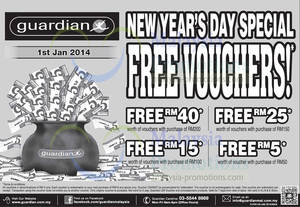 Featured image for (EXPIRED) Guardian Up To RM40 FREE Vouchers New Year Promo 1 Jan 2014