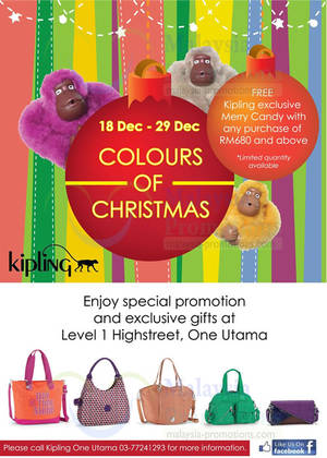 Featured image for (EXPIRED) Kipling Christmas Promotion @ 1 Utama 18 – 29 Dec 2013