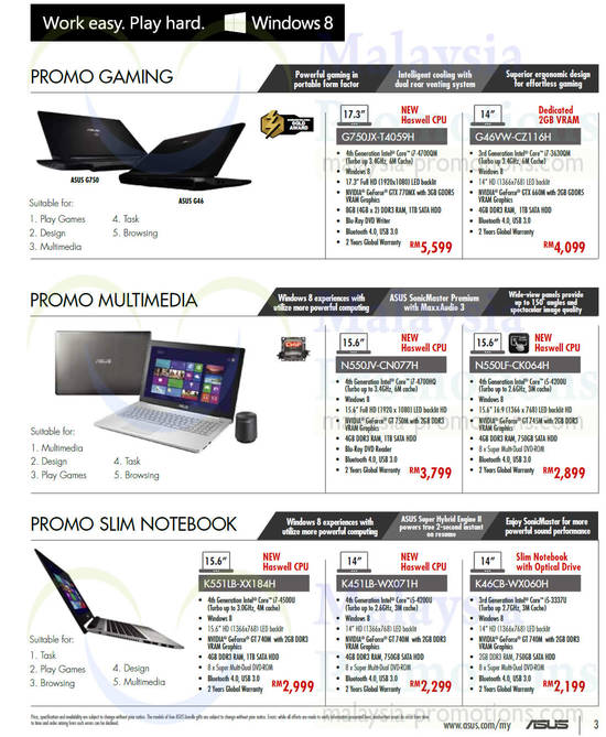 Notebooks G750JX-T4059H, G46VW-CZ116H, N550JV-CN077H, N550LF-CK064H, K551LB-XX184H, K451LB-WX071H, K46CB-WX060H