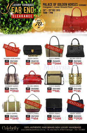 Featured image for (EXPIRED) Celebrity Wearhouz Up To 70% OFF Branded Handbags SALE @ Seri Kembangan 28 – 29 Dec 2013