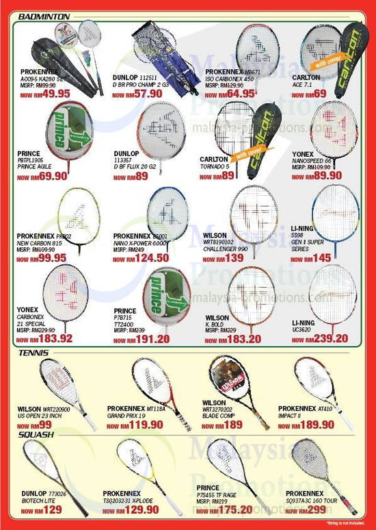 Rackets Badminton, Tennis, Dunlop, Carlton, Wilson, Prince, Yonex, Prokennex, Lining