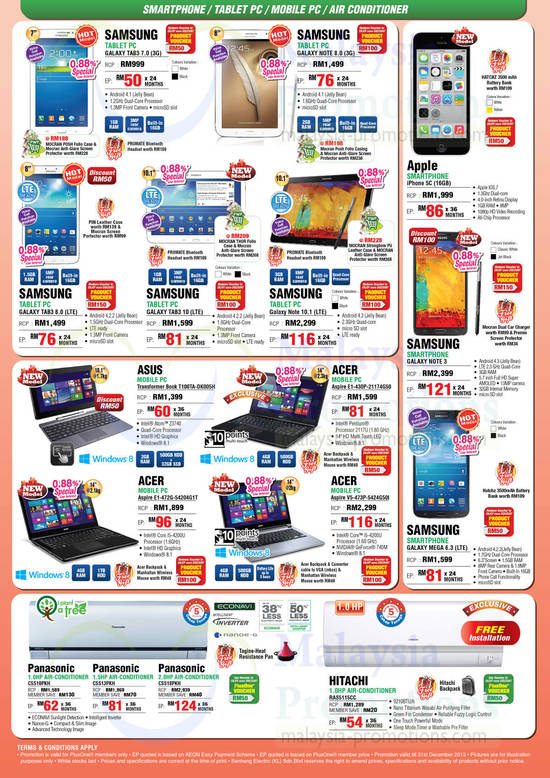 Tablets, Smartphones, Notebooks, Air Conditioners, Samsung, Asus, Acer, Apple, Panasonic, Hitachi