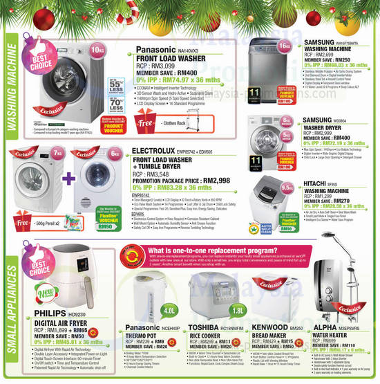 Washers, Air Fryer, Rice Cooker, Water Heater, Panasonic, Samsung, Hitachi, Philips, Toshiba, Kenwood, Alpha