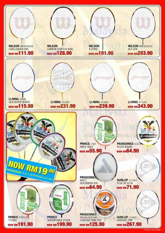 Rackets Wilson, Li-ning, Prince, Prokennex, Dunlop