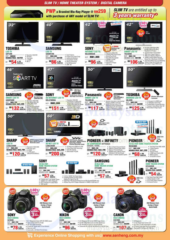 TVs, Home Theatre SYstems, DSLRs, Toshiba, Samsung, Sony, Panasonic, Sharp, Pioneer, Nikon, Canon