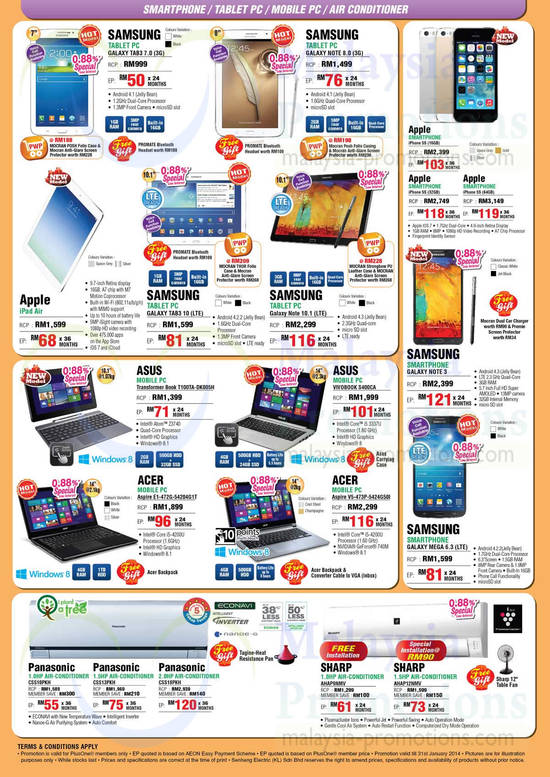 Tablets, Smartphones, Notebooks, Air Conditioners, Samsung, Apple, Asus, Acer, Panasonic, Sharp