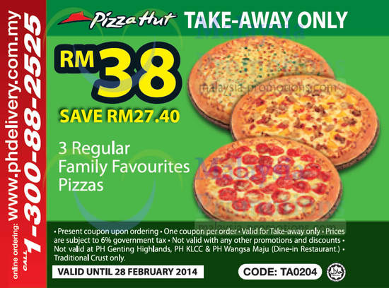 Takeaway RM38 For 3 Regular Family Favourites Pizzas