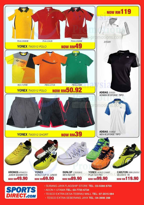 Yonex Polo Shirts, Shorts, Adidas, Kronos Shoes, Dunlop, Carlton