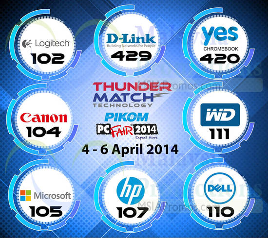 4 Apr Thundermatch Booth Numbers canon, HP, Dell, WD, Yes, Dlink, Logitech