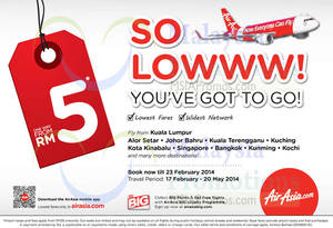 Featured image for (EXPIRED) Air Asia So Lowww From RM5 Air Fares Promo 17 – 23 Feb 2014
