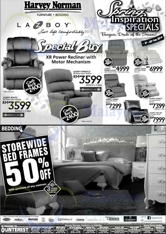 Lazboy Recliners, Bed Frames at 50 Percent Off, Rialto, Pinnacle, Santa, Bennett, Summit