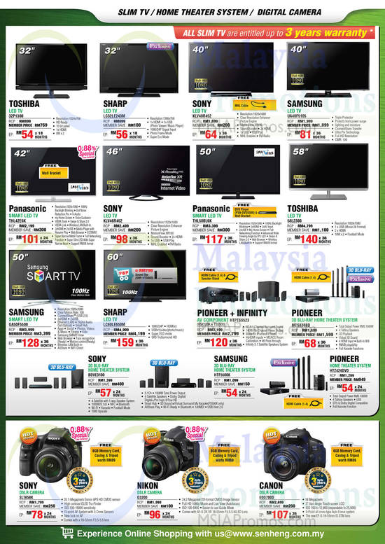 TVs, Home Theatre System, Digital Cameras, Toshiba, Sharp, Sony, Samsung, Panasonic, Pioneer, Nikon, Canon