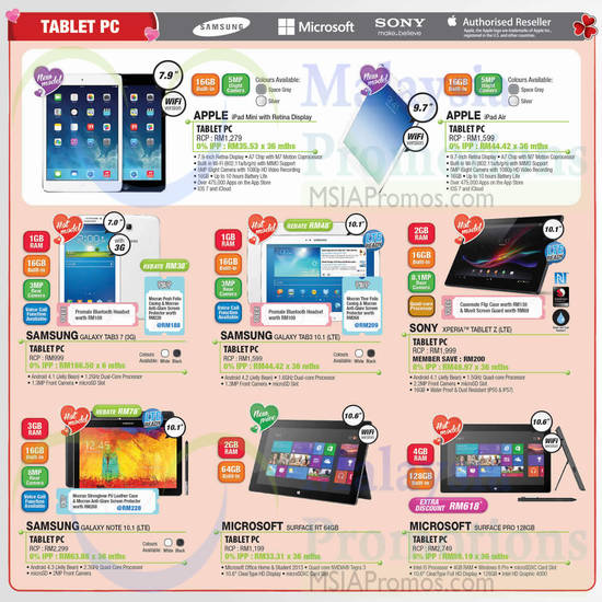 Tablets Apple iPad Mini, Air, Samsung Galaxy Tab 3 7.0, 10.1, Sony Xperia Z, Microsoft Surface RT, Pro