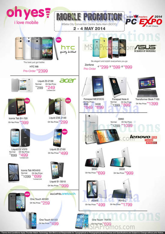 3 May Oh Yes Smartphones, Tablets, HTC, Acer, Asus, Lenovo, Alcatel