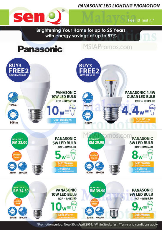 Panasonic Buy 3 Get 2 Free, LED Bulbs Frosted, Clear, 10W, 4.4W, 5W, 8W, 9W