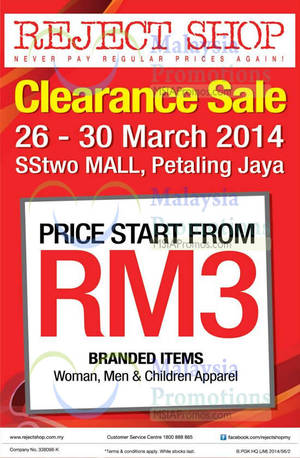 Featured image for (EXPIRED) Reject Shop Clearance SALE @ SSTwo Mall 26 – 30 Mar 2014