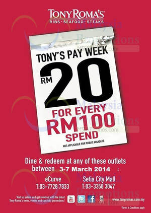 Featured image for (EXPIRED) Tony Roma’s RM20 OFF For Every RM100 Spend Promo 3 – 7 Mar 2014