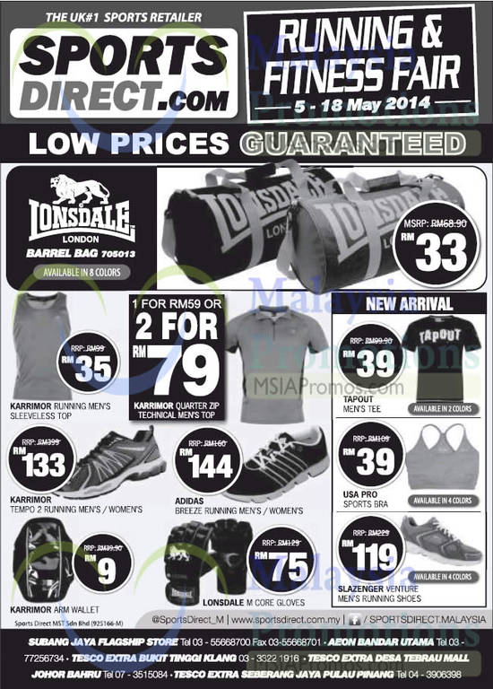 2 May Sports Shoes, Barrel Bag, Mens Tee, Sports Bra, Slazenger, Adidas, Lionsdale, Karrimor, USA Pro