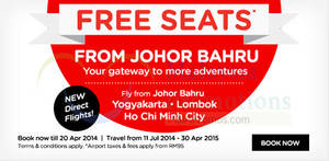 Featured image for (EXPIRED) AirAsia FREE Seats From Johor Bahru 15 – 20 Apr 2014