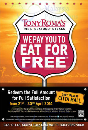 Featured image for (EXPIRED) Tony Roma’s Eat For FREE Promo @ Citta Mall 21 – 30 Apr 2014