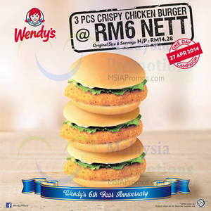 Featured image for Wendy’s RM6 For 3pcs Crispy Chicken Burgers Promo 27 Apr 2014